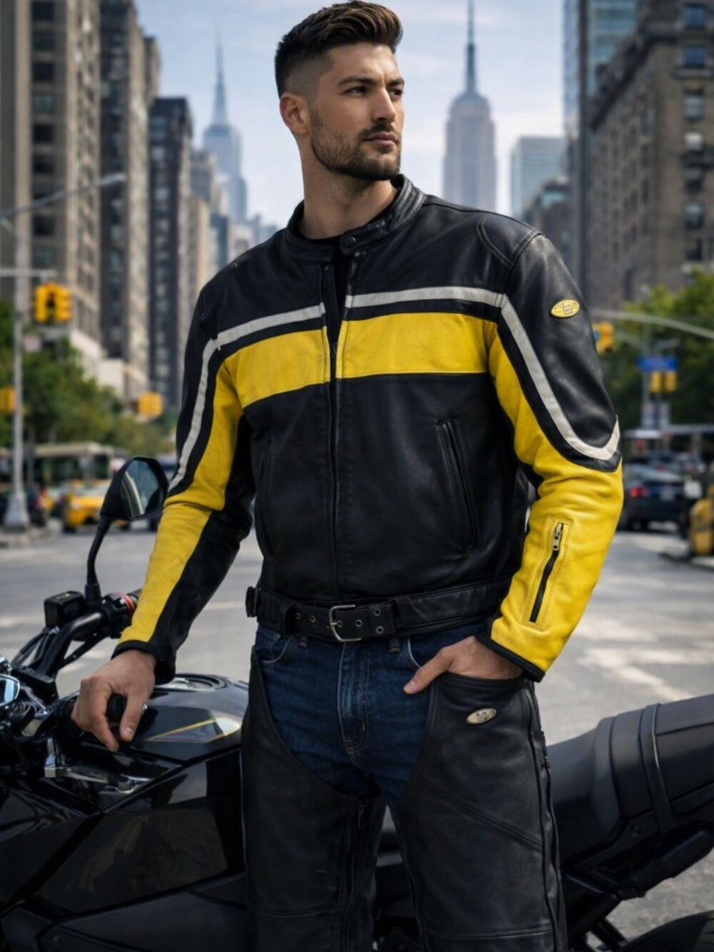 HJC Cirotech Leather Motorcycle Jacket Yellow Black Padded Racing Biker Men 48**